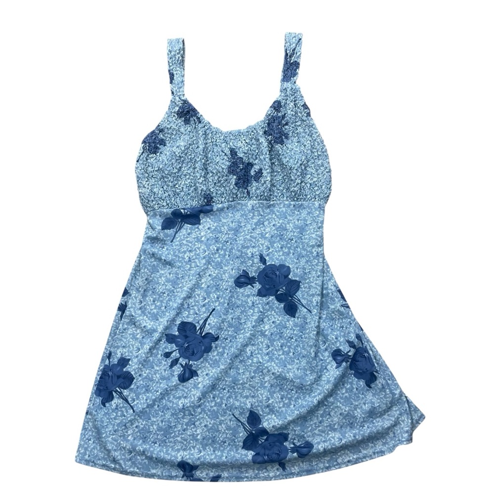 VTG Up Front Floral Mini Dress LG Blue Smocked Soft Grunge Feminine 90s Skater